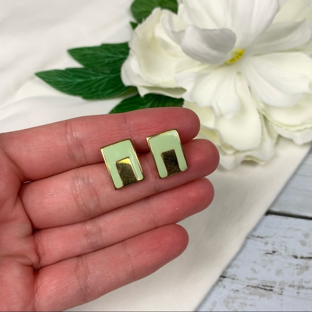 Vintage Green Enamel Gold Rectangle Stud Earrings